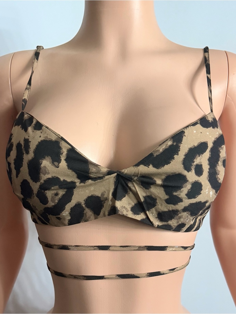 Leopard Print Bandeau Bralette with Wrap Ties - Black & Tan